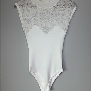 White Sleeveless Bodysuit with Lace Detail